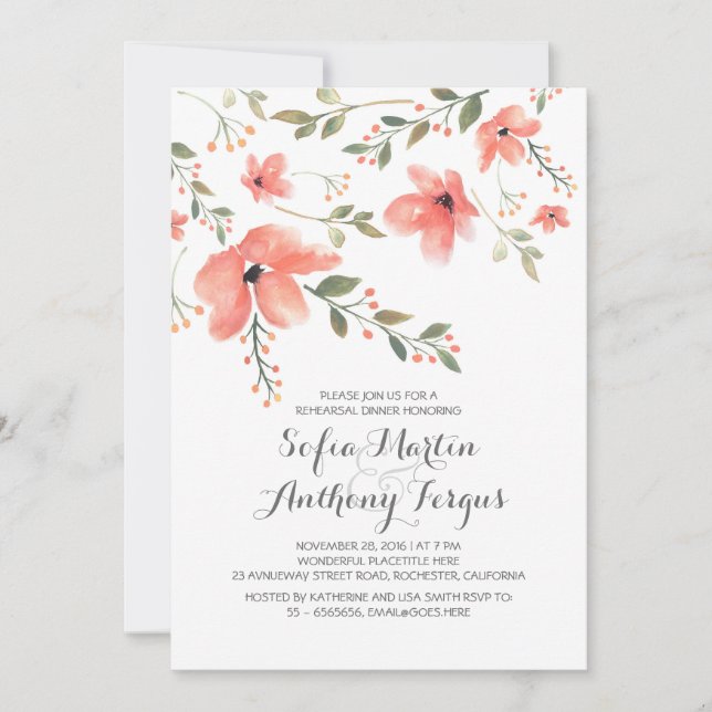 Watercolor Floral Romantic Rehearsal Dinner Invitation (Front)
