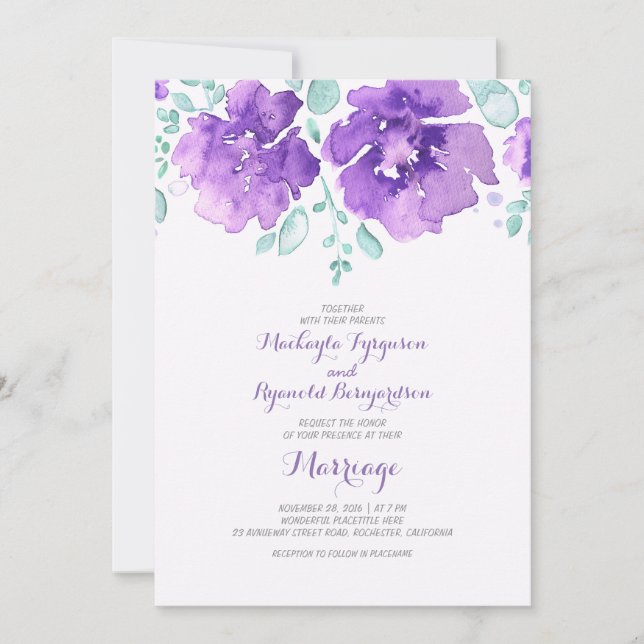 watercolor floral romantic wedding invitations (Front)
