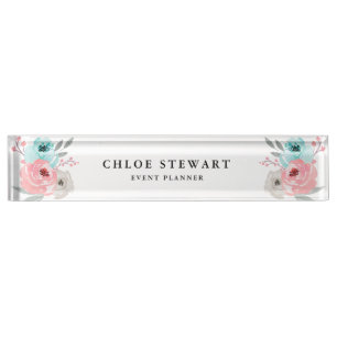 Watercolor Floral Rose and Turquoise Nameplate