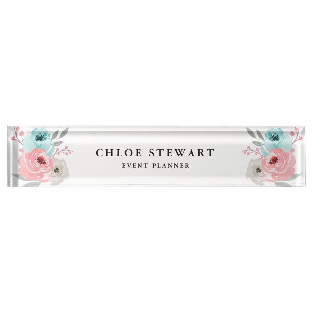 Watercolor Floral Rose and Turquoise Nameplate (Front)