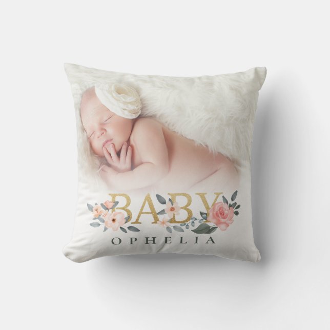 Watercolor Floral Rose Baby Photo Custom Name Cushion (Front)
