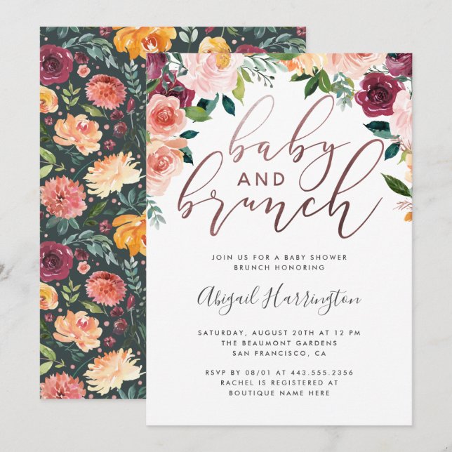 Watercolor Floral Rose Gold Brunch Baby Shower Invitation (Front/Back)