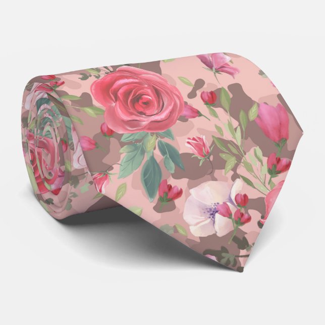 Watercolor Floral Rose Gold Camouflage Pink Tie (Rolled)