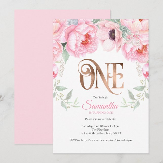 Watercolor Floral, Rose gold, Girl, First Birthday Invitation (Front/Back)
