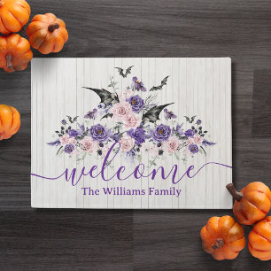 watercolor floral roses happy halloween wood doormat
