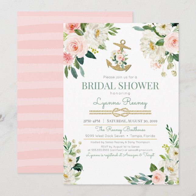 Watercolor Floral Roses Nautical Bridal Shower Invitation (Front/Back)