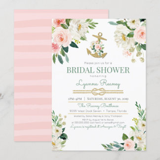 Watercolor Floral Roses Nautical Bridal Shower Invitation