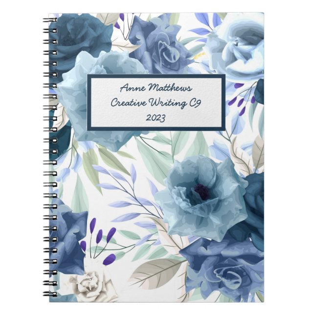 Watercolor Floral Roses Navy Powder Blue Name Notebook (Front)