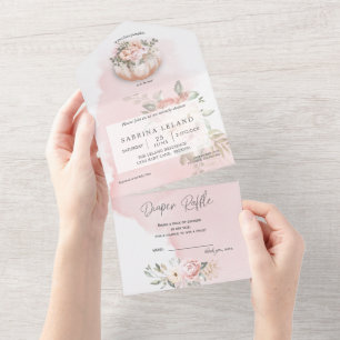 Watercolor Floral Rosey Coral Pumpkin Baby Shower All In One Invitation