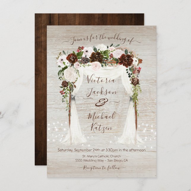 Watercolor Floral Rustic Barn Wood Canopy Wedding Invitation (Front/Back)