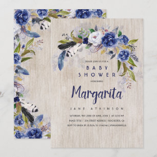 Watercolor Floral Rustic Navy Baby Shower Invitation
