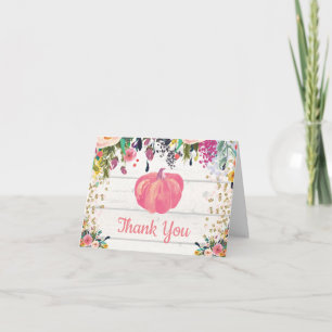 Watercolor Floral Rustic Pumpkin Pink Gold Glitter Thank You Card