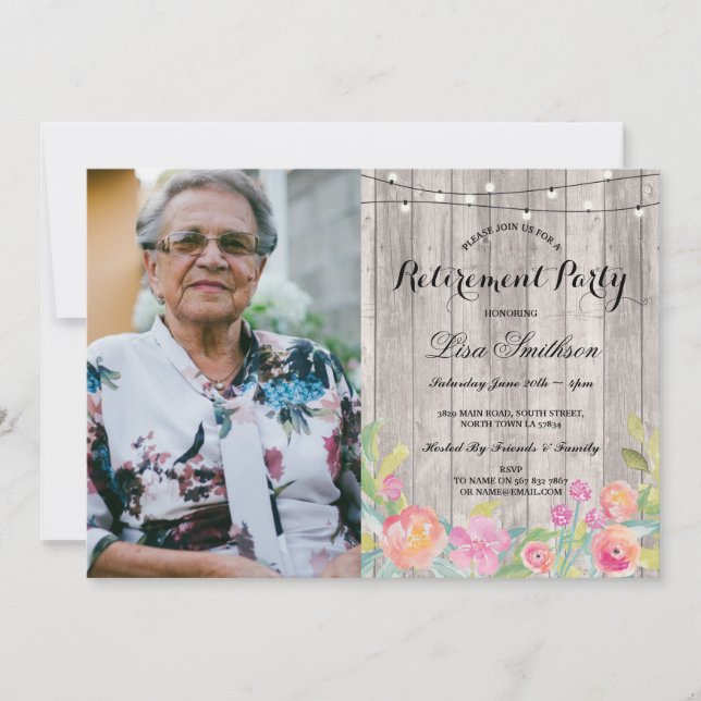 Watercolor Floral Rustic Retirement Party Photo Invitation (Front)