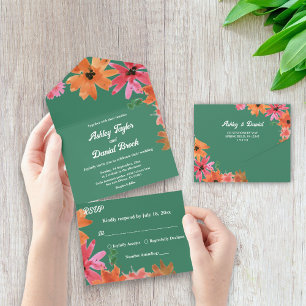 Watercolor Floral Rustic Roses Green Fall Wedding All In One Invitation