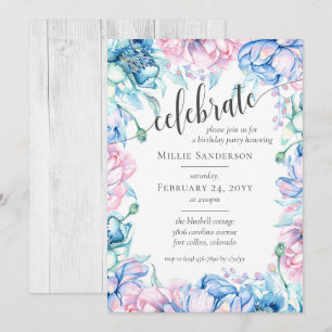 Watercolor Floral & Rustic Wood Farmhouse Birthday Invitation