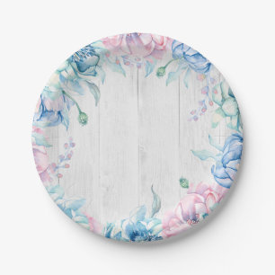 Watercolor Floral & Rustic Wood Farmhouse Birthday Paper Plate