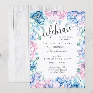 Watercolor Floral & Rustic Wood Wedding Reception Invitation