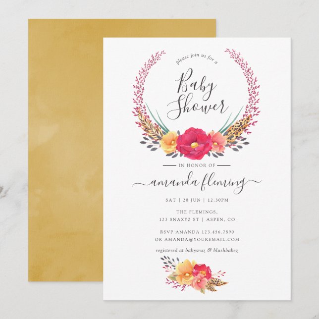 Watercolor Floral Safari Baby Shower Invitation (Front/Back)