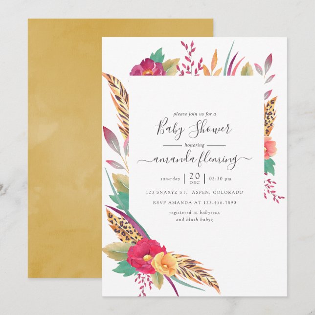 Watercolor Floral Safari Baby Shower Invitation (Front/Back)