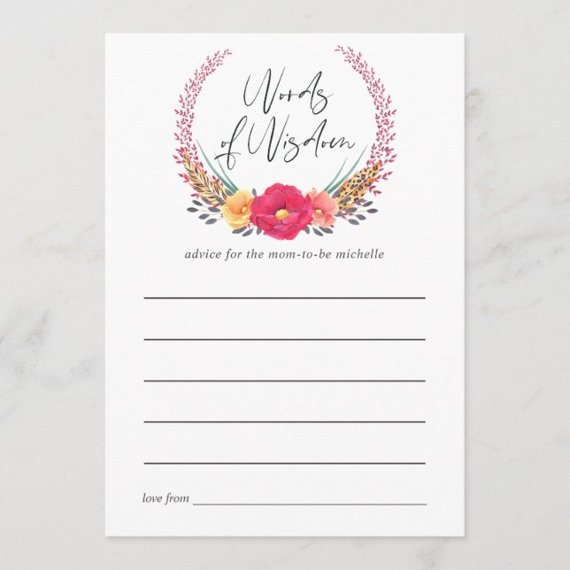 Watercolor Floral Safari Baby Shower Mum Advice (Front)