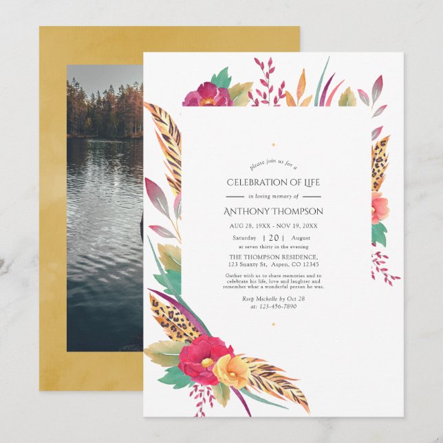 Watercolor Floral Safari Celebration of Life Photo Invitation (Front/Back)