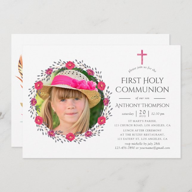 Watercolor Floral Safari First Holy Communion Invitation (Front/Back)