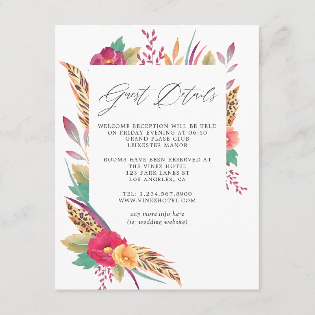 Watercolor Floral Safari Wedding Guest Details Enclosure Card (Front)
