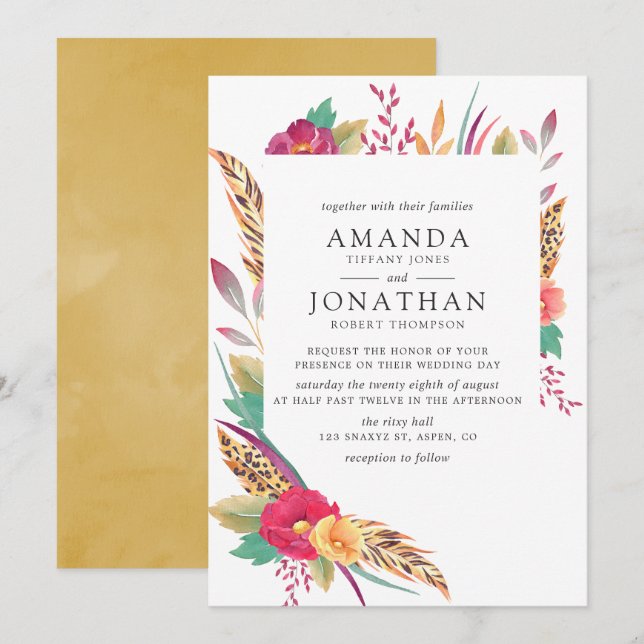 Watercolor Floral Safari Wedding Invitation (Front/Back)
