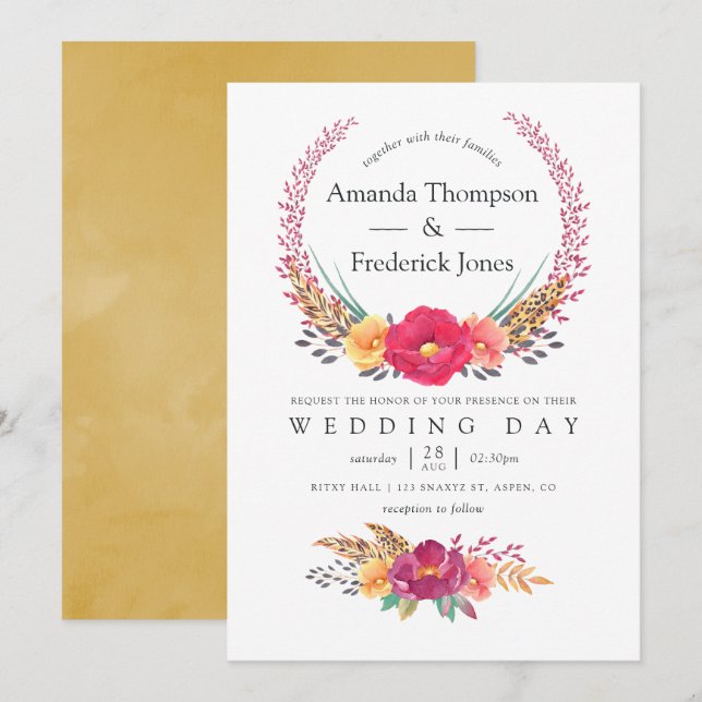 Watercolor Floral Safari Wedding Invitation (Front/Back)