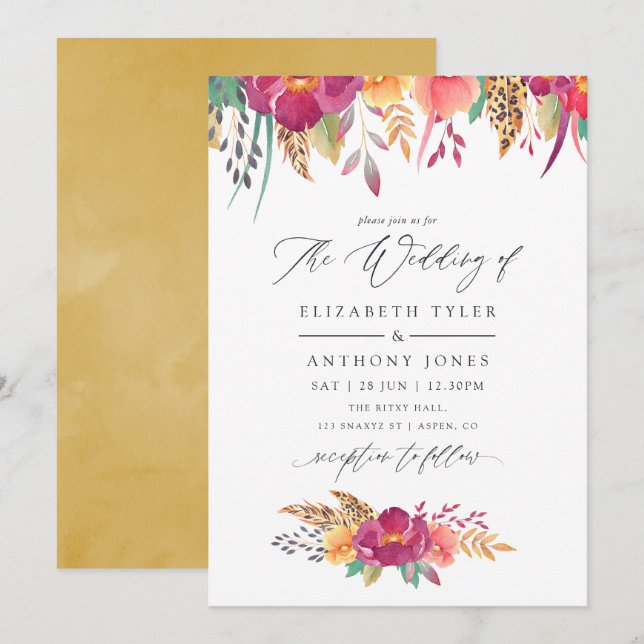 Watercolor Floral Safari Wedding Invitation (Front/Back)