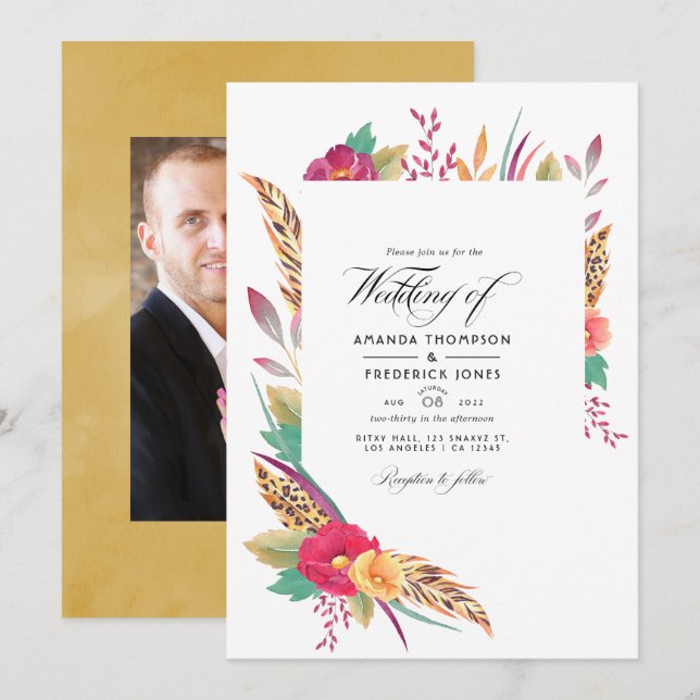 Watercolor Floral Safari Wedding Photo Invitation (Front/Back)