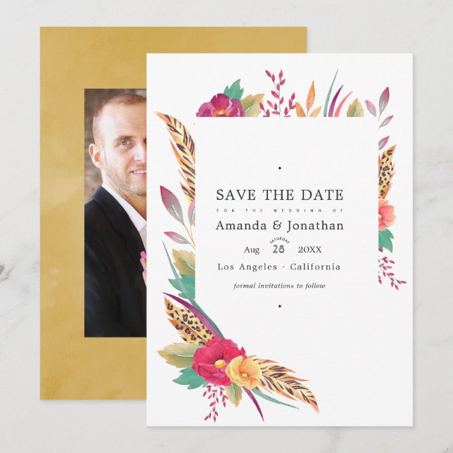 Watercolor Floral Safari Wedding Photo Save The Date (Front/Back)