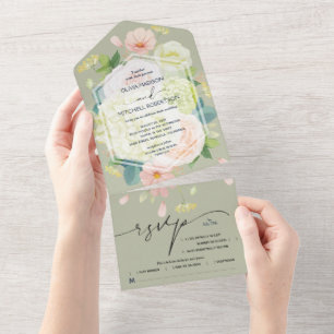 Watercolor Floral Sage Green Wedding All In One Invitation
