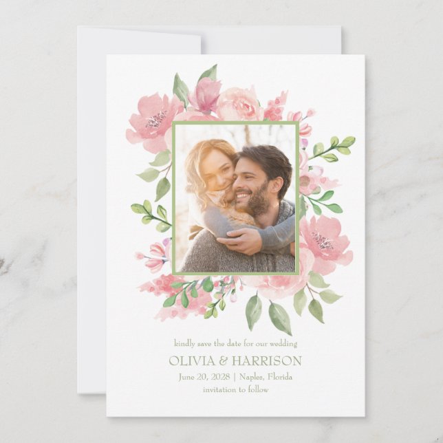 Watercolor Floral Save the Date Card with Photo (Front)