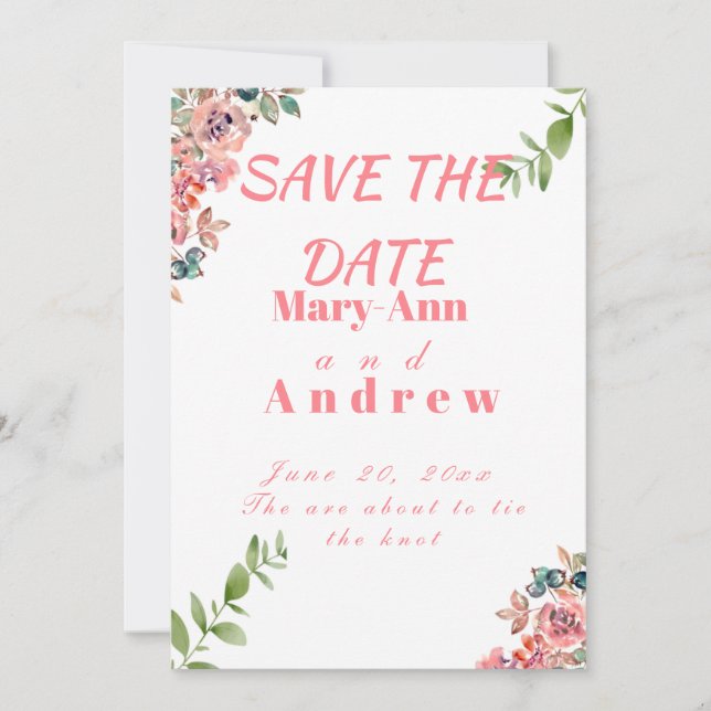 Watercolor floral save the date invitation (Front)