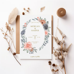 Watercolor Floral Save the Date with Oval Wreath Invitation