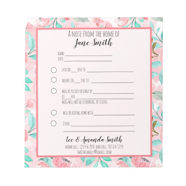 Watercolor Floral School Note Excuse 1 Child (Front)