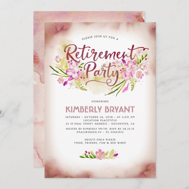 Watercolor Floral Script Elegant Retirement Party Invitation (Front/Back)