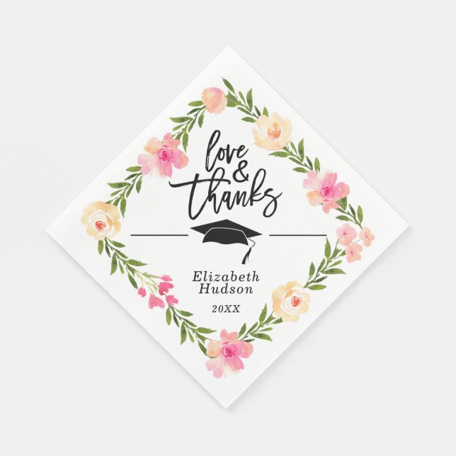 Watercolor Floral Script Love & Thanks Graduation Napkin (Corner)
