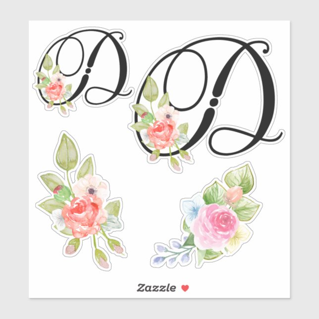 Watercolor Floral Script Monogram Letter D (Sheet)
