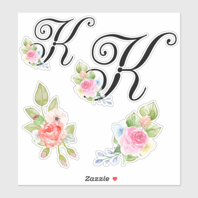 Watercolor Floral Script Monogram Letter K (Sheet)