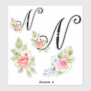 Watercolor Floral Script Monogram Letter N