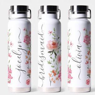 Watercolor floral Script Personalised Bridesmaid Water Bottle