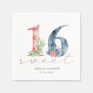 Watercolor floral script rose gold sweet sixteen napkin
