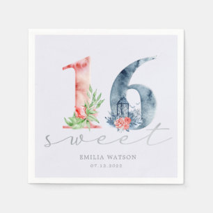 Watercolor floral script silver sweet sixteen napkin