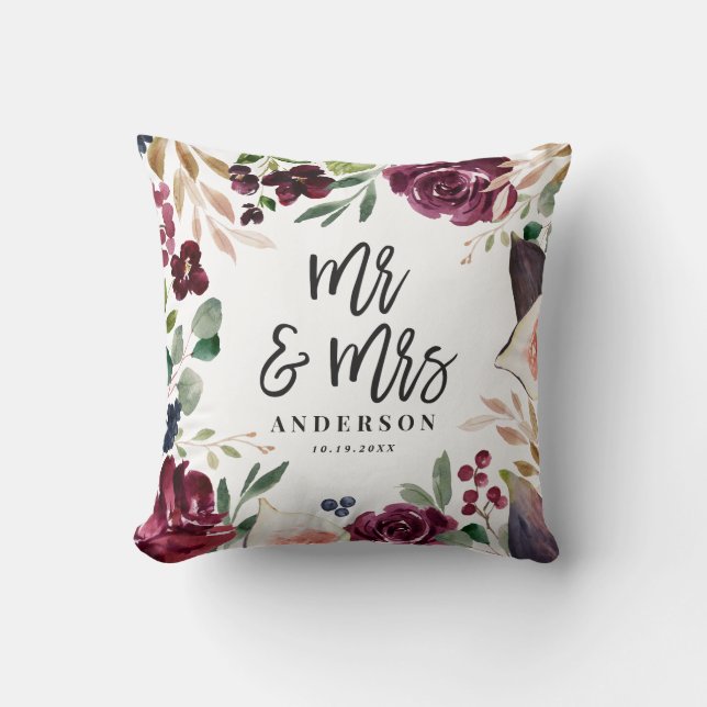 Watercolor floral + script wedding day Mr & Mrs Cushion (Front)