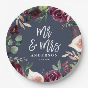Watercolor floral + script wedding day Mr & Mrs Paper Plate