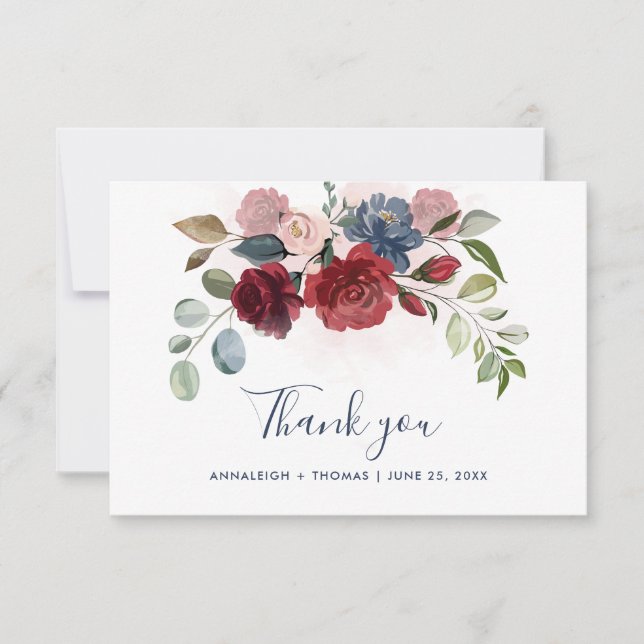 Watercolor Floral Script Wedding Thank You Card (Front)
