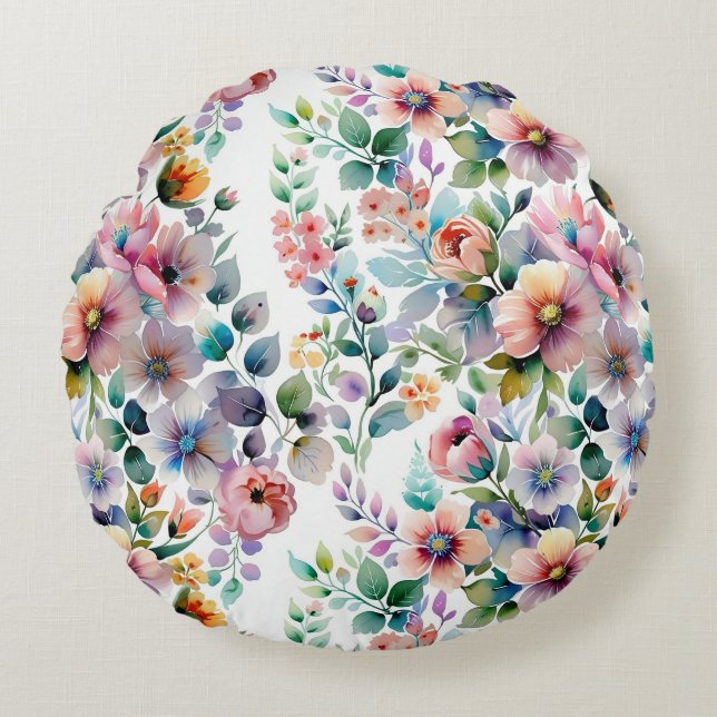 Watercolor Floral Seamless Pattern Round Cushion (Front)