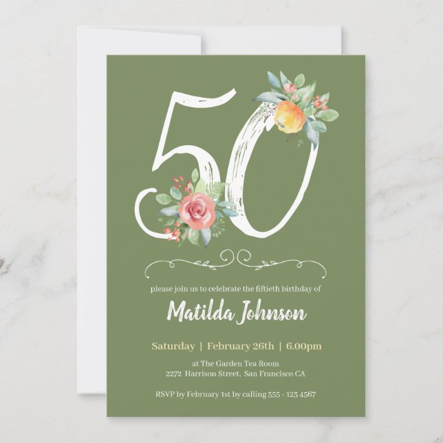 Watercolor Floral Simple 50th Birthday Party  Invitation (Front)